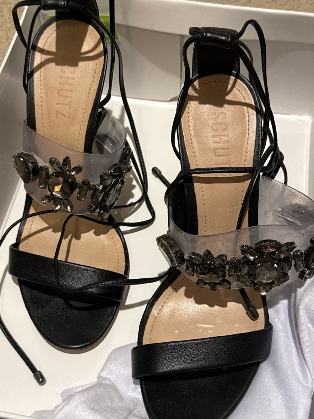 SCHUTZ Black Jeweled Lace-Up Clear Strap Heels